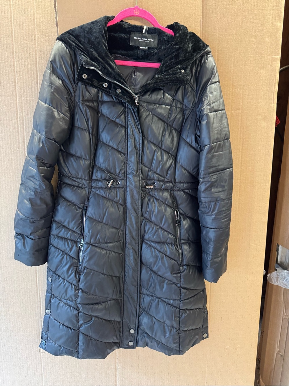 Marc New York Black Quilted Hooded Jacket with Velvet Trim size medium